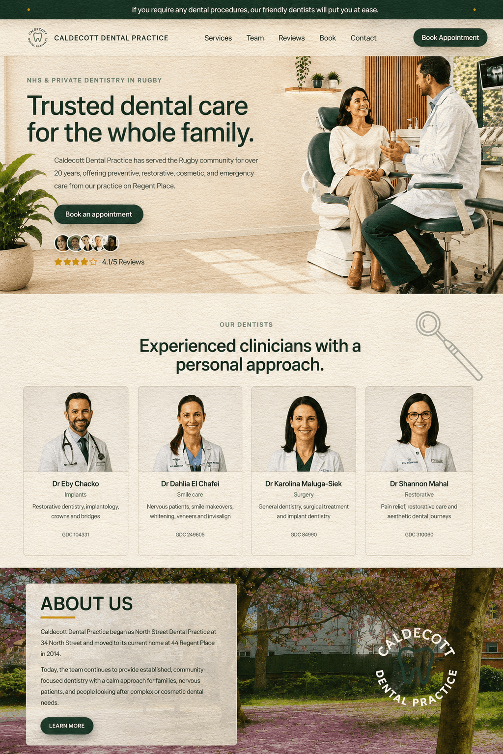 Dental clinic landing page hero for Caldecott Dental Practice.